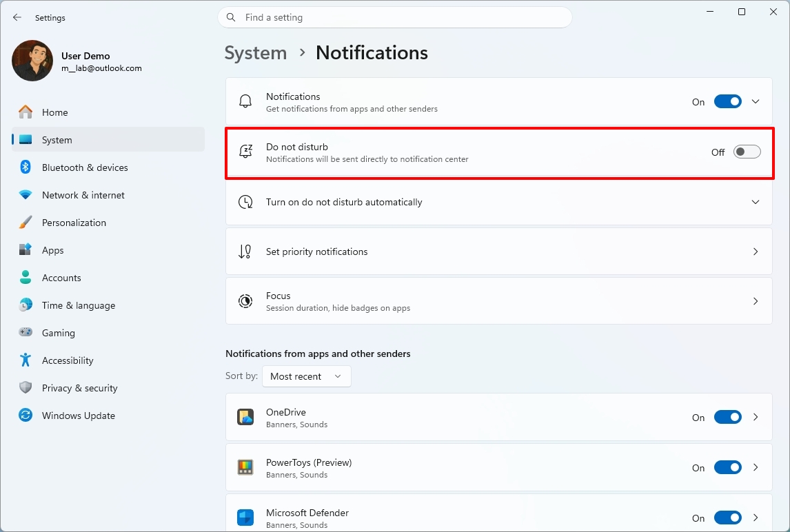 Windows 11 Settings on the Notifications page showing the Do not disturb option.