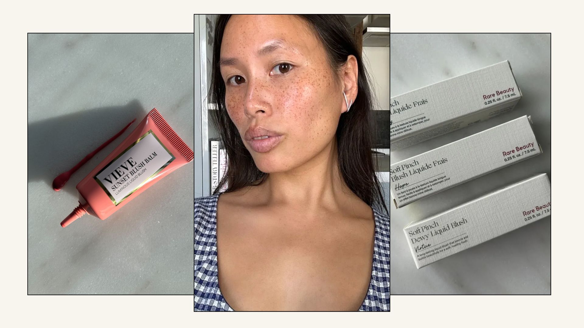 A collage of liquid blushers and a woman taking a selfie with glowy makeup