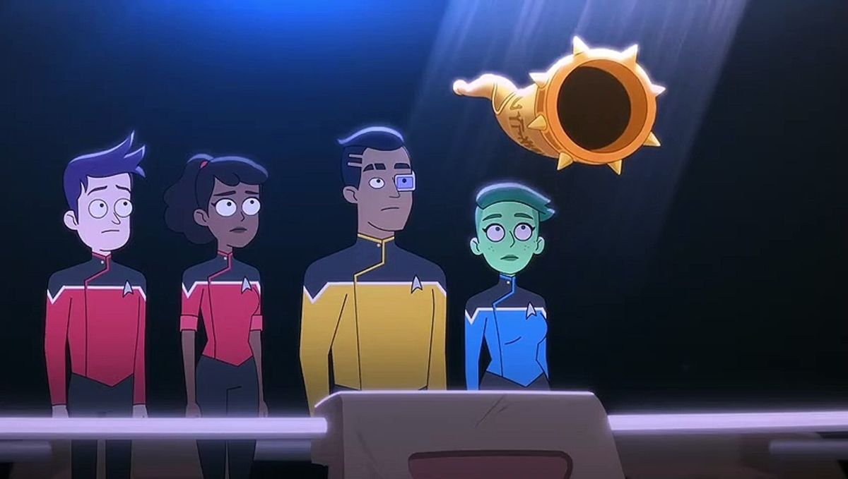 The ensigns prepare to testify at an alien trial.