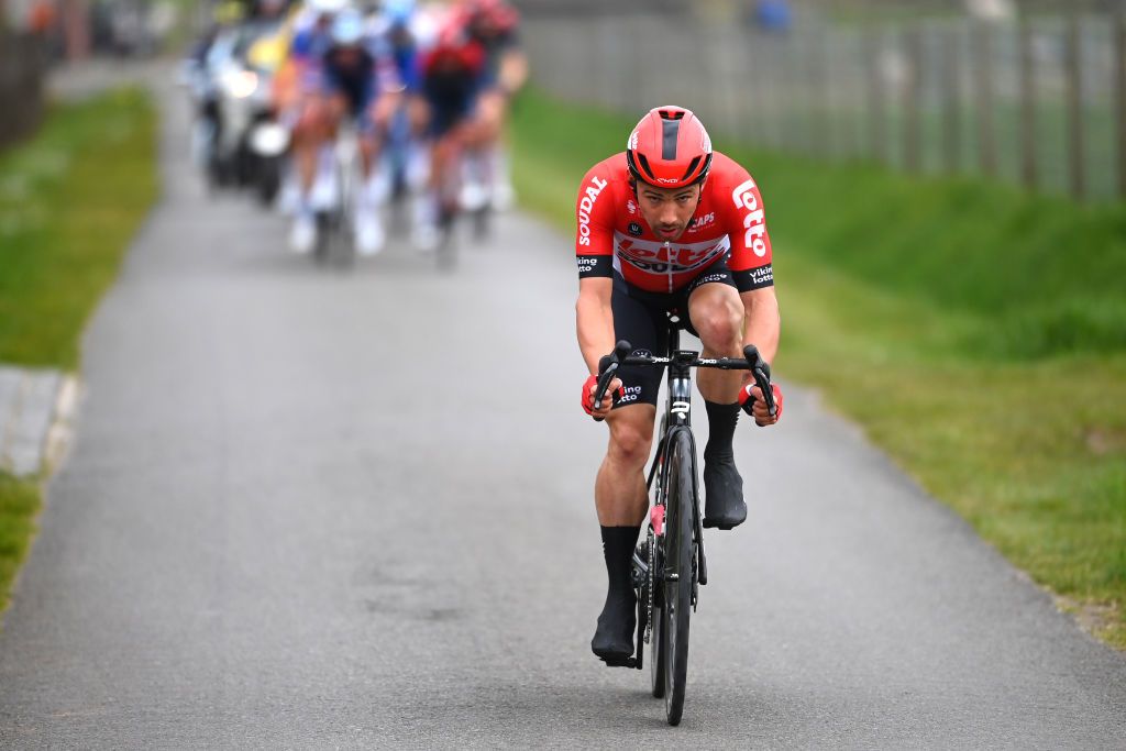WAREGEM BELGIUM MARCH 30 Victor Campenaerts of Belgium and Team Lotto Soudal competes during the 76th Dwars Door Vlaanderen 2022 Mens Elite a 1837km one day race from Roeselare to Waregem DDV22 DDVmen WorldTour on March 30 2022 in Waregem Belgium Photo by Tim de WaeleGetty Images
