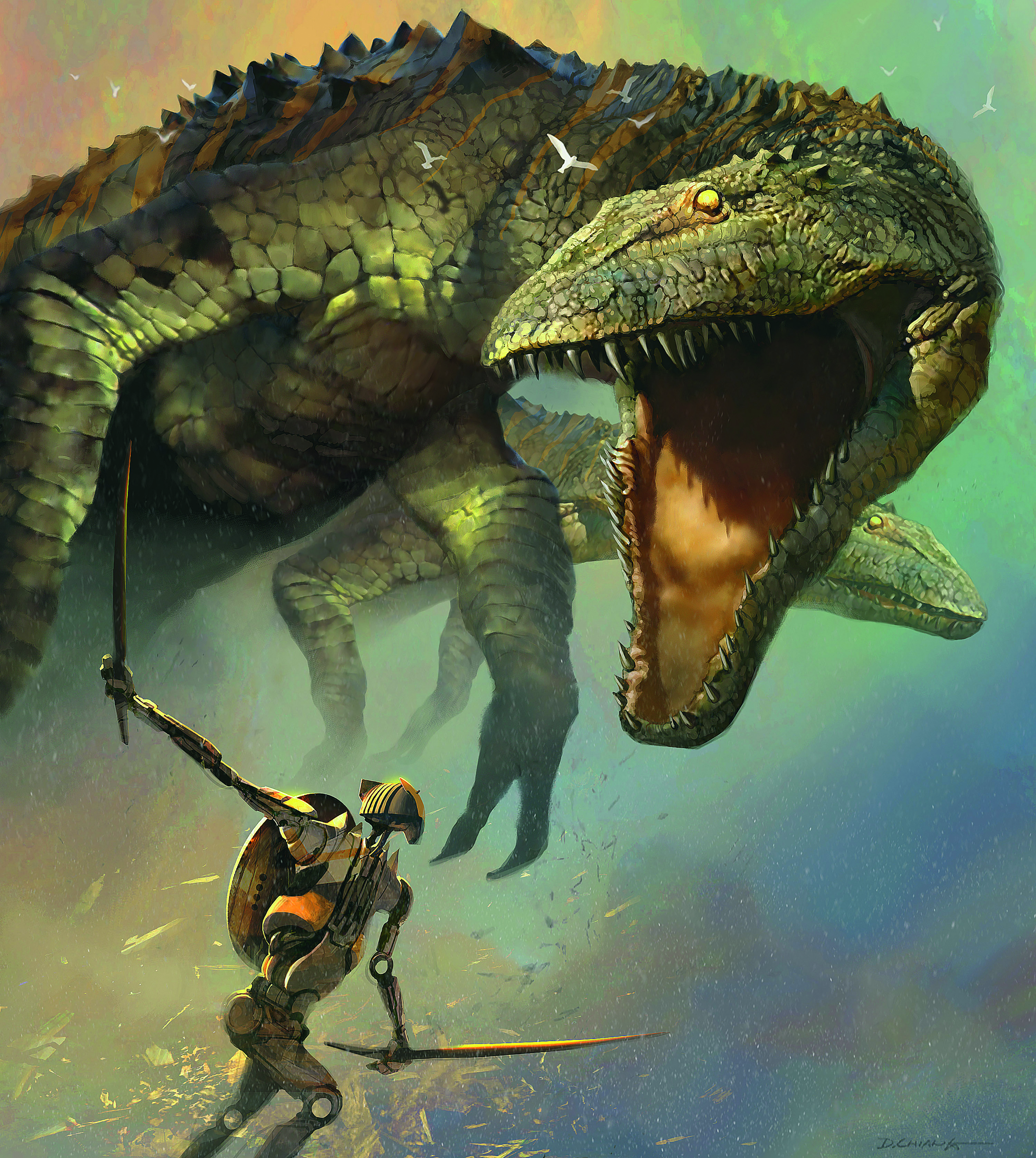 Monstruo dinosaurio ataca a robot con espada