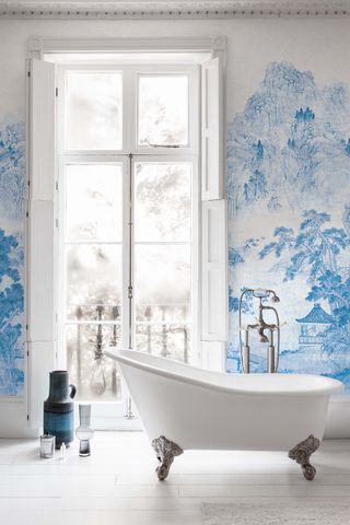 Ming Mountain Scenic mural in China Blue from the V&A Collection at Surface View