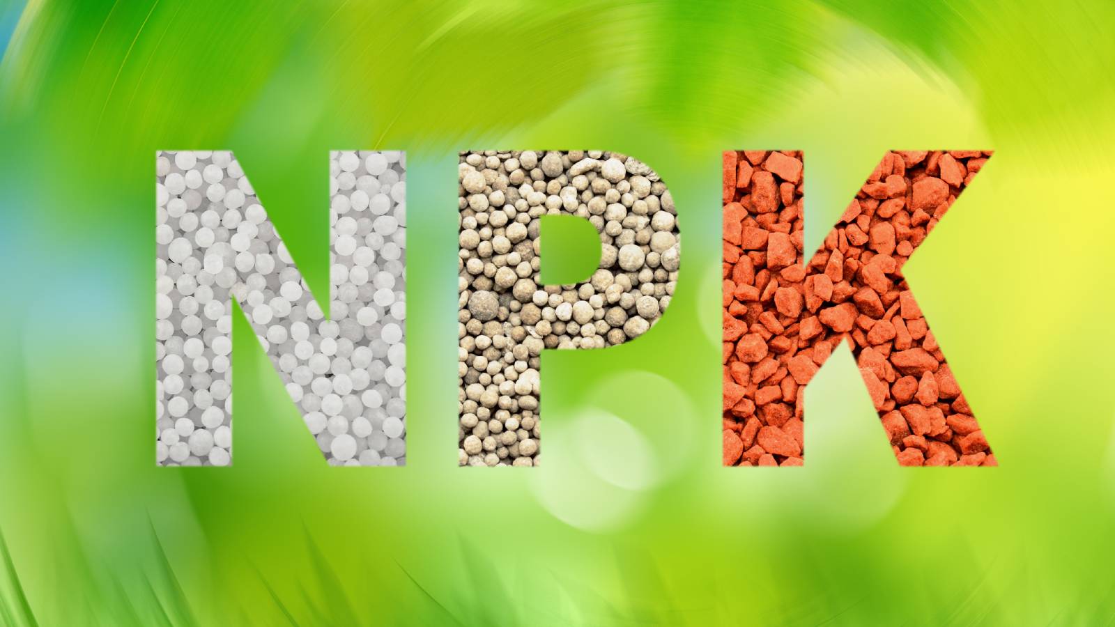 The letters NPK made of granular fertilizer against a blurred green background