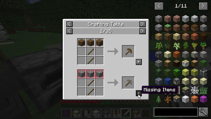 Minecraft mod - JEI - an interface showing ingredients still needed for a recipe.
