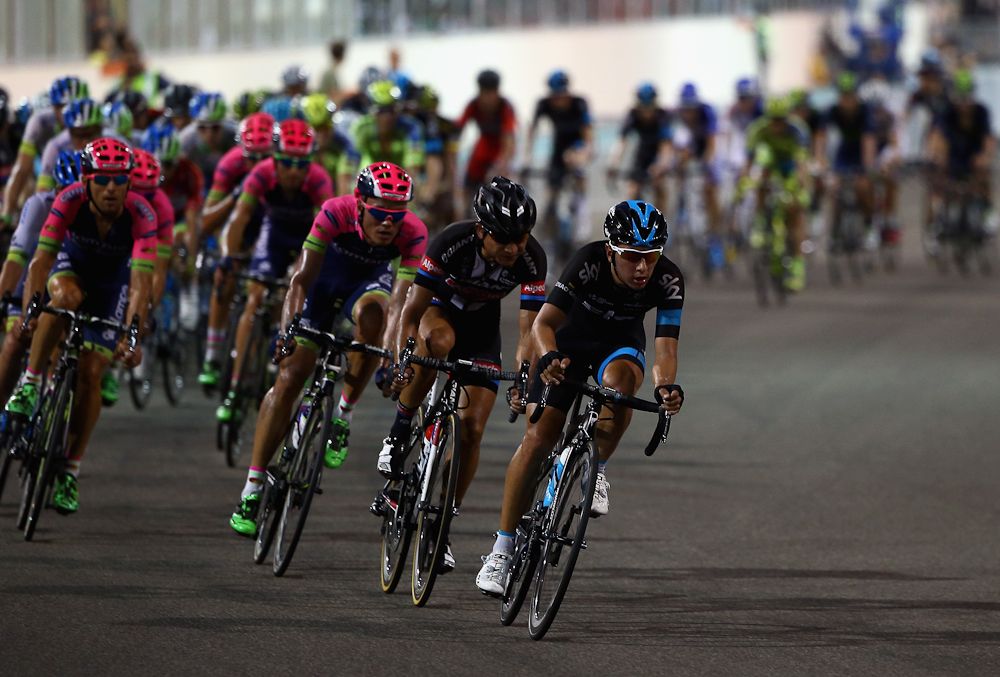 Team Sky line up on the front for Viviani