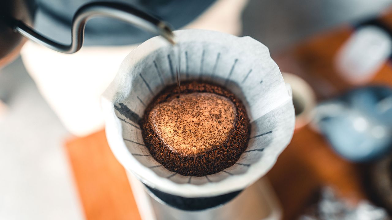 Coffee blossoming in pour-over coffee maker