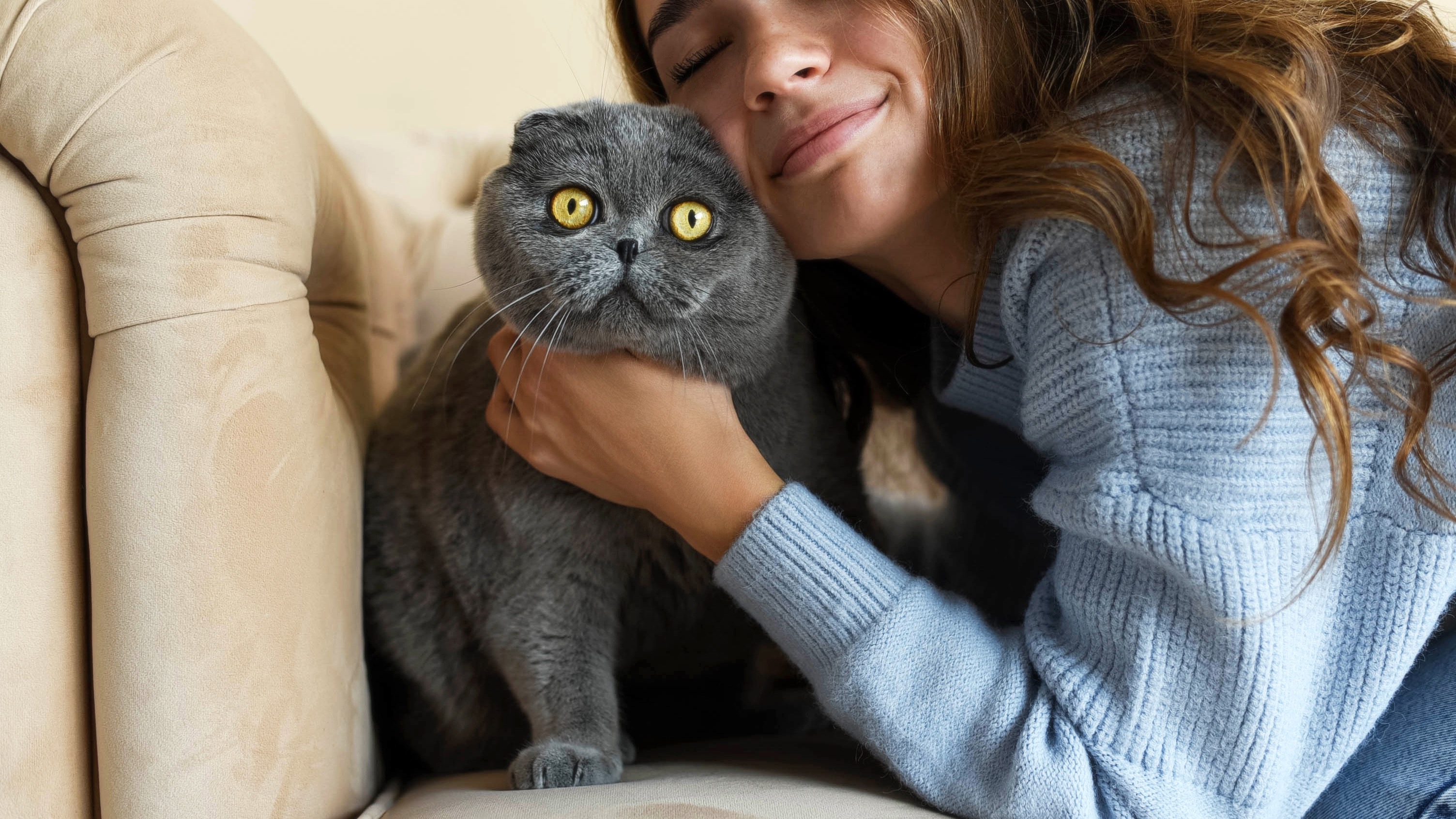 Woman cuddling cat