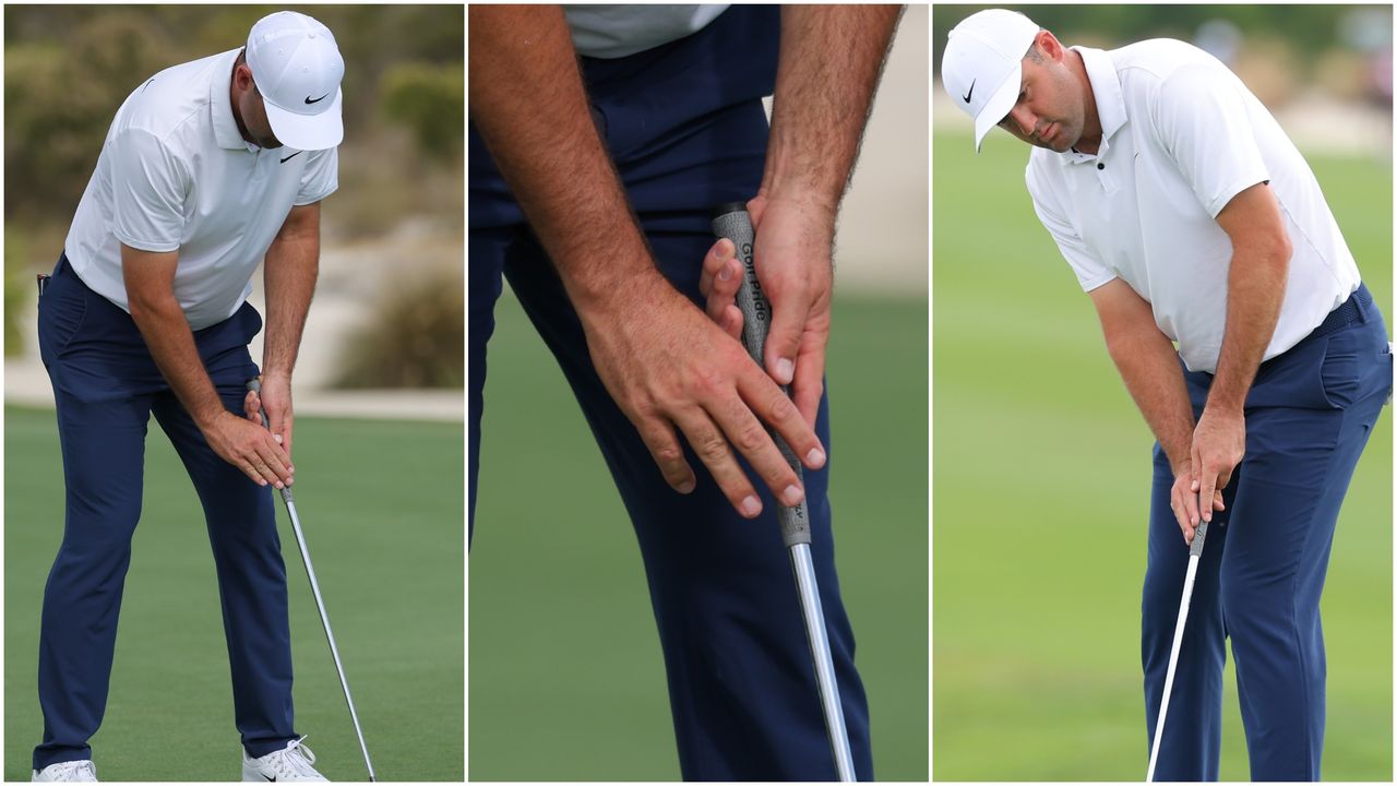 Three pictures of Scottie Scheffler&#039;s new claw putting grip during the Hero World Challenge