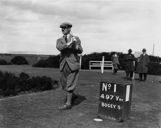 Abe Mitchell tees off during the 1927 Ryder Cup at Moortown