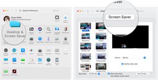 To set up screen savers, go into System Preferences, then click Desktop and Screen Saver. Click the Screen Saver tab.