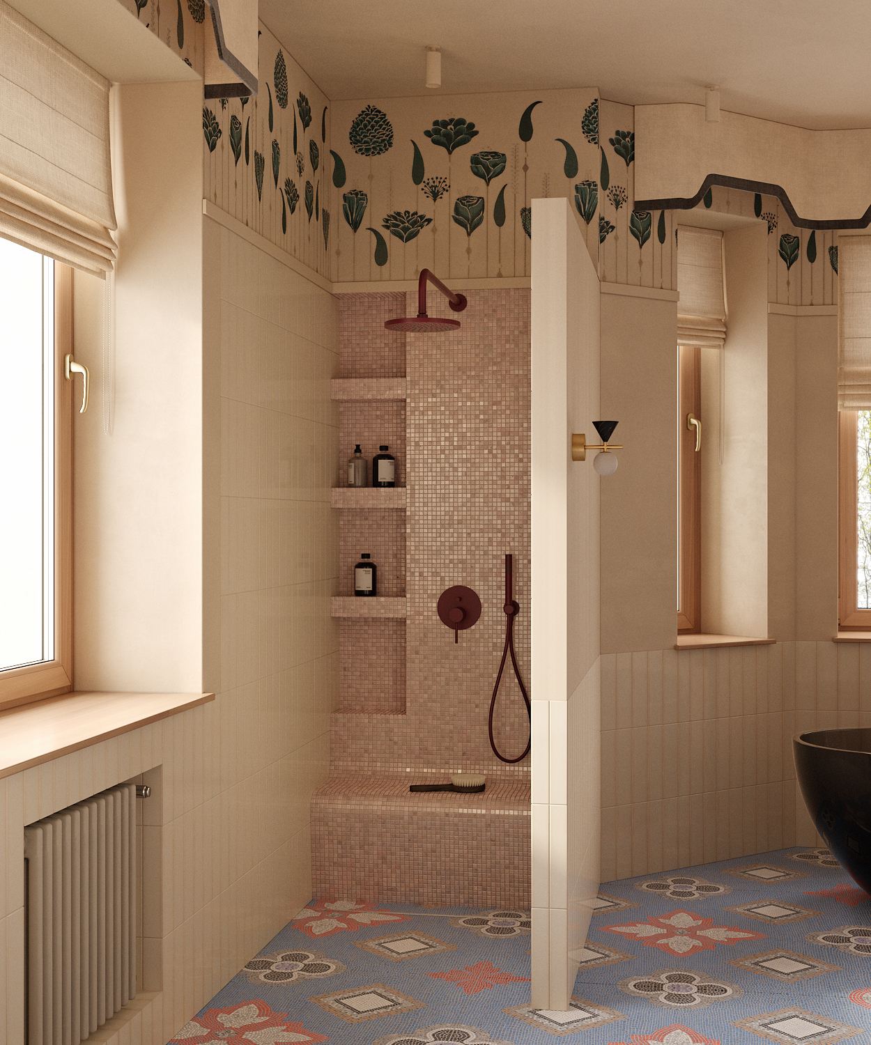 A shower with tiny mosaic tiles, and flooring with patterned tiles