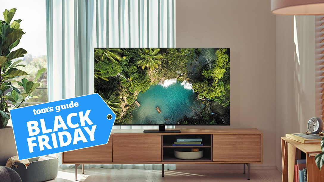 El Samsung Q80B colocado en un soporte de TV contra una pared y una ventana, con un paisaje tropical que se muestra en la pantalla