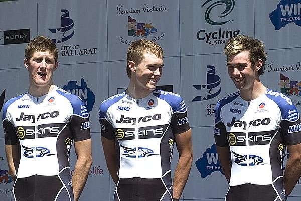 The men's under 23 podium (l-r): Luke Durbridge (2nd), Rohan Dennis (1st), and Michael Matthews (3rd).