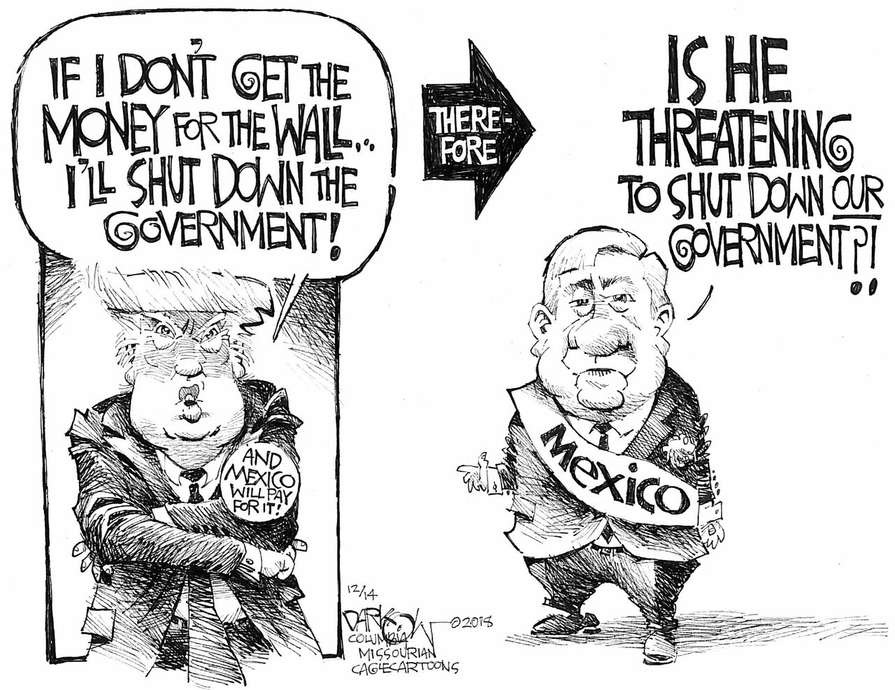 Political cartoon U.S. Trump government shutdown budget border wall Mexico