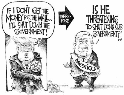 Political cartoon U.S. Trump government shutdown budget border wall Mexico