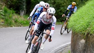 Marc Hirschi of Switzerland and UAE Team Emirates competes in the chase group ahead of the Giro del Veneto live stream 2024