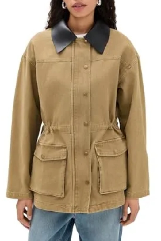Pixie Market Women's Faux Leather Collar Barn Jacket, Khaki, Tan, M