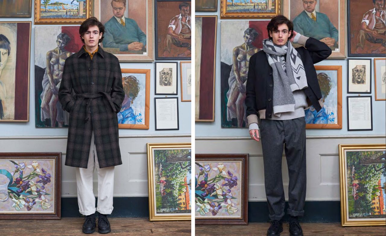 Left &amp; Right Image: Model wears Oliver Spencer A/W 2022, standing in front of paintings