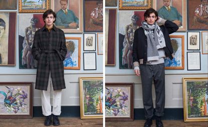 Left & Right Image: Model wears Oliver Spencer A/W 2022, standing in front of paintings