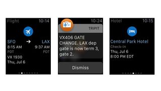 Skjermbilder fra appen TripIt på Apple Watch.