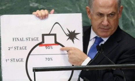 Israeli Prime Minister Benjamin Netanyahu addresses the United Nations General Assembly on Sept. 27 in New York City: Netanyahu called for the assembly members to set a &amp;quot;red line&amp;quot; on Iran&amp;#039;s s