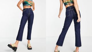 composite of model wearing topshop editor jeans in indigo