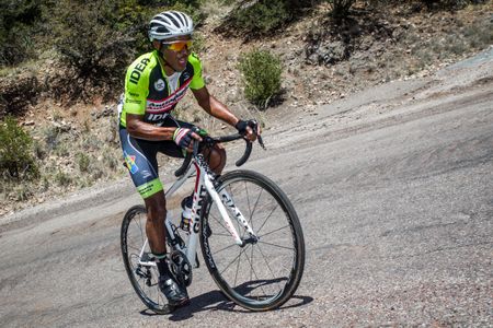 Rafael Montiel (Orgullo Antioqueno) hits the steeper part of the climb