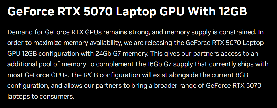 RTX 5070 12GB Laptop GPU announcement