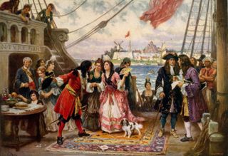A painting of Captain Kidd welcoming a woman onto his ship in New York Harbor by Jean Leone Gerome Ferris.