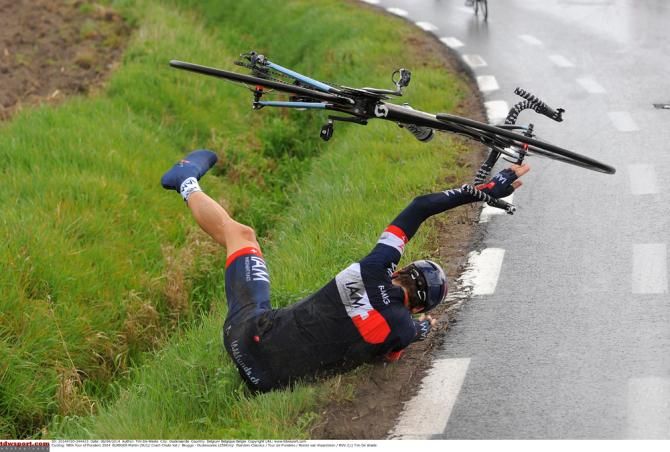 Martin Elmiger (IAM Cycling) hits the deck at the Tour of Flanders