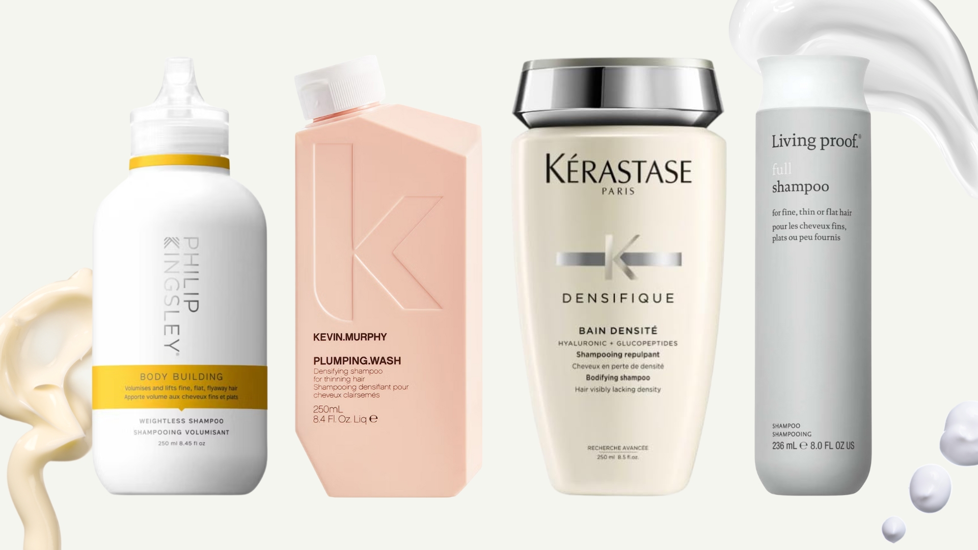 Collage of the best shampoos for fine hair (L-R) Philip Kingsley Body Building Shampoo, Kevin Murphy Plumping Wash, Kérastase Densifique Shampoo and Living Proof Full Shampoo, on a pale yellow background with shampoo swatches