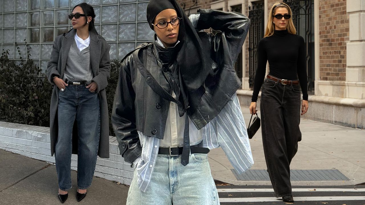 Collage of women wearing barrel-leg jeans.