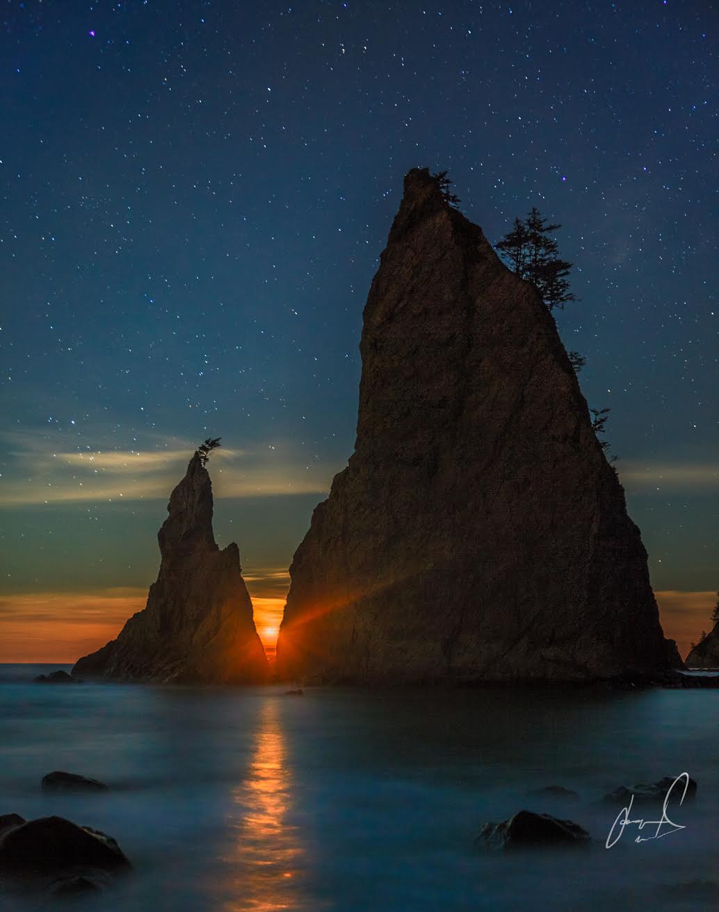 Moon Set Between Sea Stacks