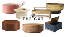 A collage of the best small coffee tables for small living rooms with hidden storage under 40 inches, featuring styles spanning petal-shaped and brass-drum silhouettes 