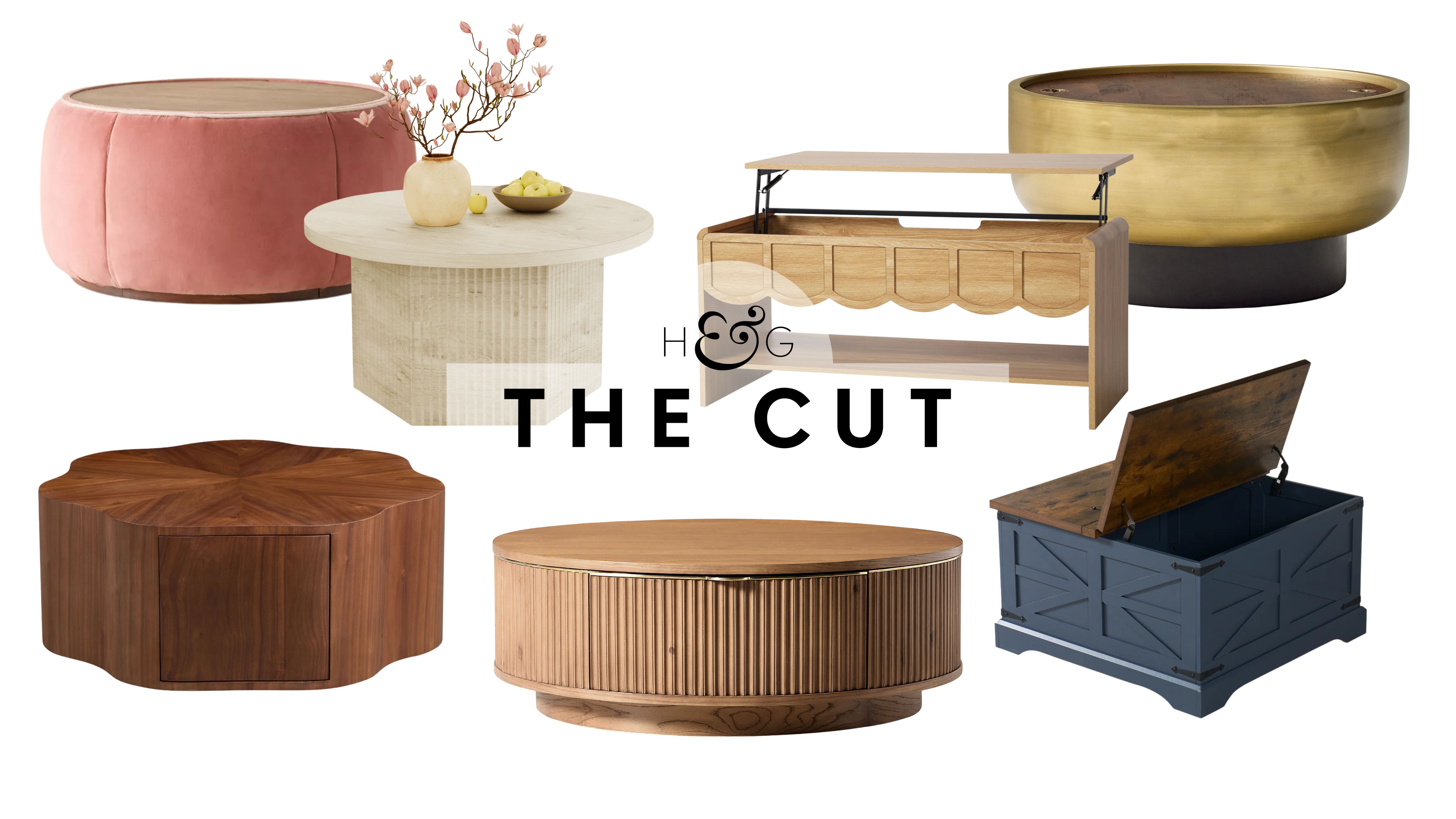 A collage of the best small coffee tables for small living rooms with hidden storage under 40 inches, featuring styles spanning petal-shaped and brass-drum silhouettes 