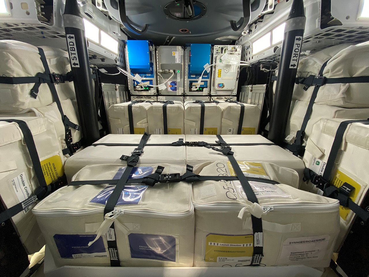 A look inside a SpaceX cargo Dragon spacecraft packed with cargo for the International Space Station. A Dragon could offer the down mass capability to bring back items for museum display.