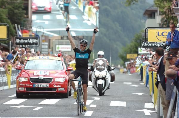 Edvald Boasson Hagen (Team Sky) gives a two-armed victory salute, too.