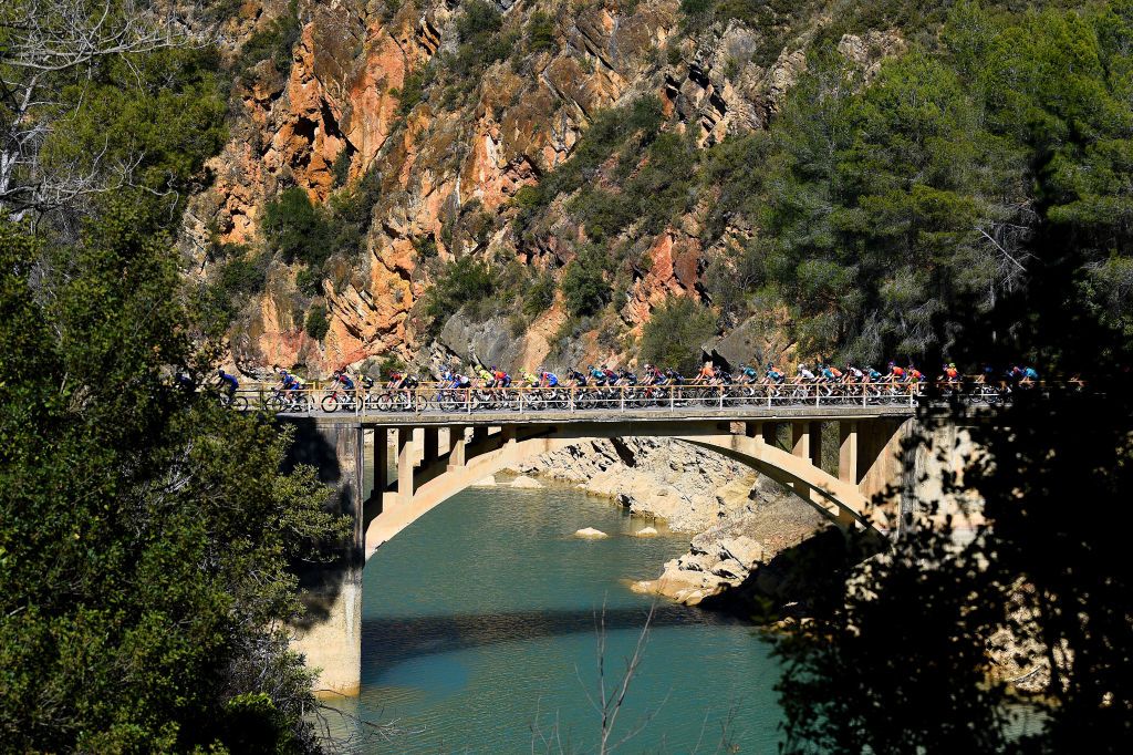 TORRALBA DEL PINAR SPAIN FEBRUARY 02 A general view of the peloton passing through a landscape during the 73rd Volta A La Comunitat Valenciana 2022 Stage 1 a 1667km stage from Les Alqueries to Torralba Del Pinar 735m VCV2022 on February 02 2022 in Torralba Del Pinar Spain Photo by Dario BelingheriGetty Images