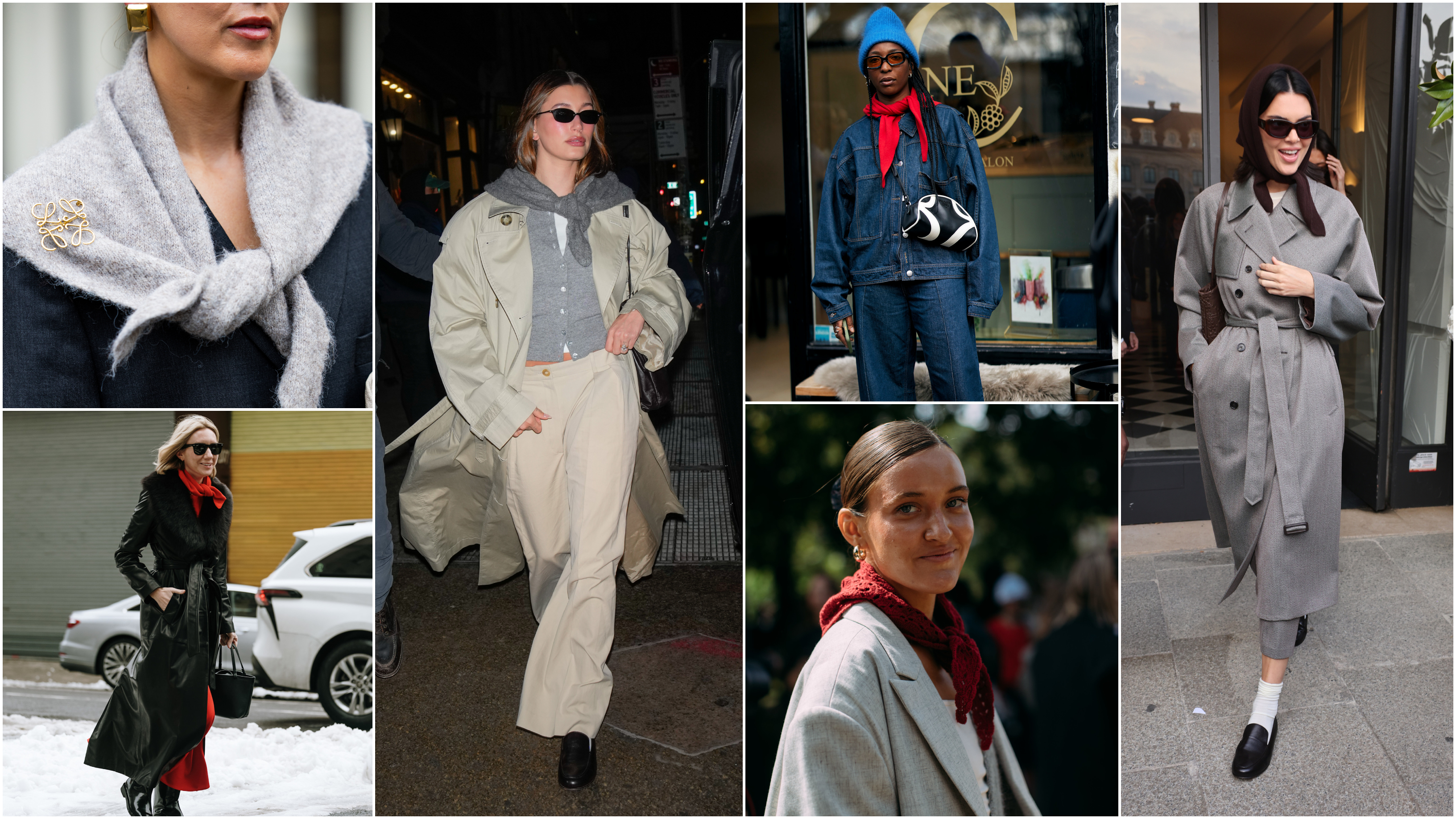 a collage of women wearing winter triangle scarves, including Hailey Bieber, Kendall Jenner, and women at Fashion Week