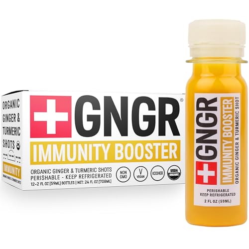 +gngr Immunity Booster Organic Ginger and Turmeric Shot - Cold Pressed Ginger Shots With Turmeric, Cayenne Pepper, Orange, Lemon for All Natural Immune &amp;amp; Digestive Support (2 Oz, Pack of 12)