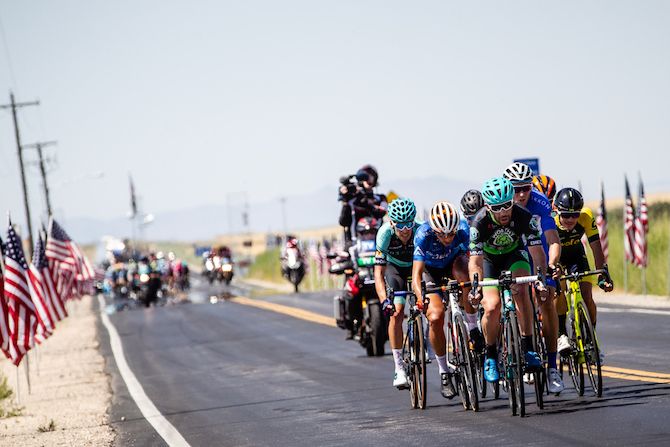 A breakaway leads the race off Antelope Island on stage 3 of the 2019 Tour of Utah