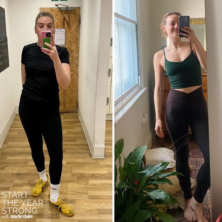 Sophie and Ally wearing various pairs of the best cross waist leggings tested in this guide