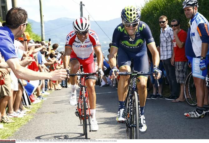Joaquim Rodriguez (Katusha) and Alejandro Valverde (Movistar) lead on the final climb