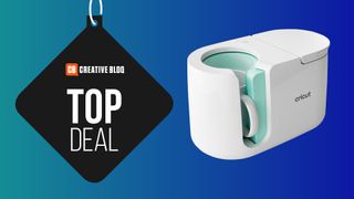 Cricut Mug Press with top deal text over it on a blue background