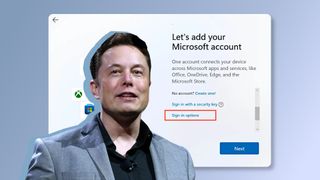 Photograph of Elon Musk superimposed over the Windows 11 installation window requiring a Microsoft account to continue.
