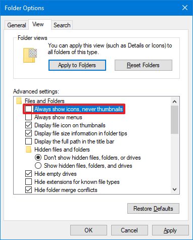 Enable thumbnails on Windows 10