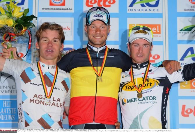 Kristof Goddaert, left, finished second at the 2012 Belgian road championship. Tom Boonen won the race while Sven Vandousselaere placed third