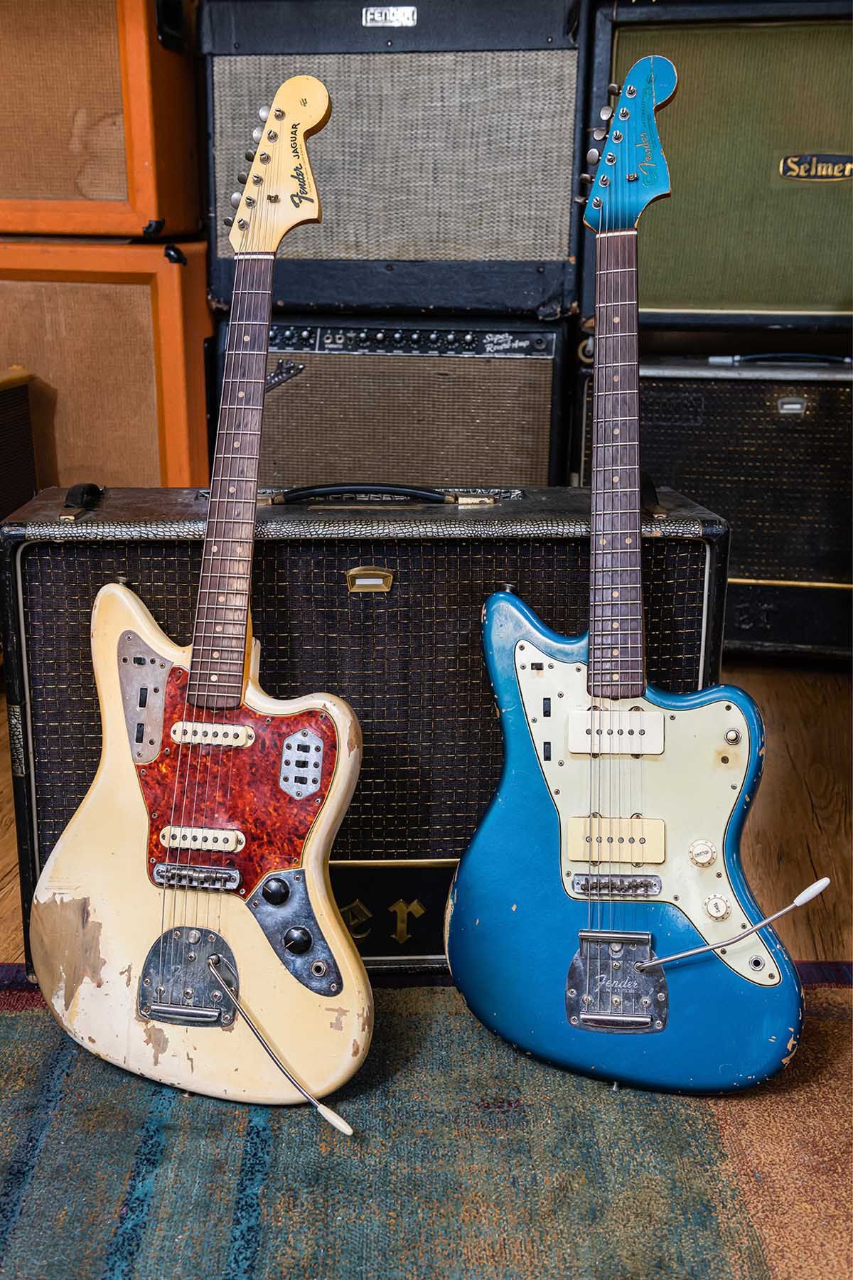 A pair of slab-&rsquo;board Fender offsets from 1962: an Olympic White Jaguar and a Lake Placid Blue Jazzmaster from the collection of Guns N&rsquo; Roses guitarist Richard Fortus.