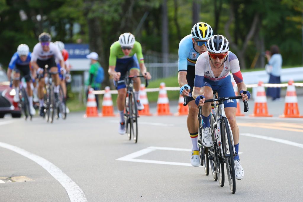 OYAMA JAPAN JULY 24 Adam Yates of Team Great Britain Wout van Aert of Team Belgium in the breakaway during the Mens road race at the Fuji International Speedway on day one of the Tokyo 2020 Olympic Games on July 24 2021 in Oyama Shizuoka Japan Photo by Tim de WaeleGetty Images
