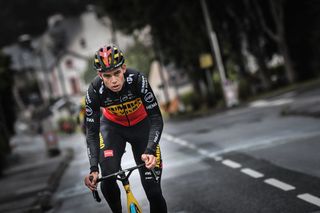 Belgian Wout Van Aert of Team JumboVisma pictured in action at the last kilometers of first stage during a training session ahead of the 108th edition of the Tour de France cycling race in Brest France Friday 25 June 2021 This years Tour de France is taking place from 26 June to 18 July 2021 BELGA PHOTO DAVID STOCKMAN Photo by DAVID STOCKMANBELGA MAGAFP via Getty Images